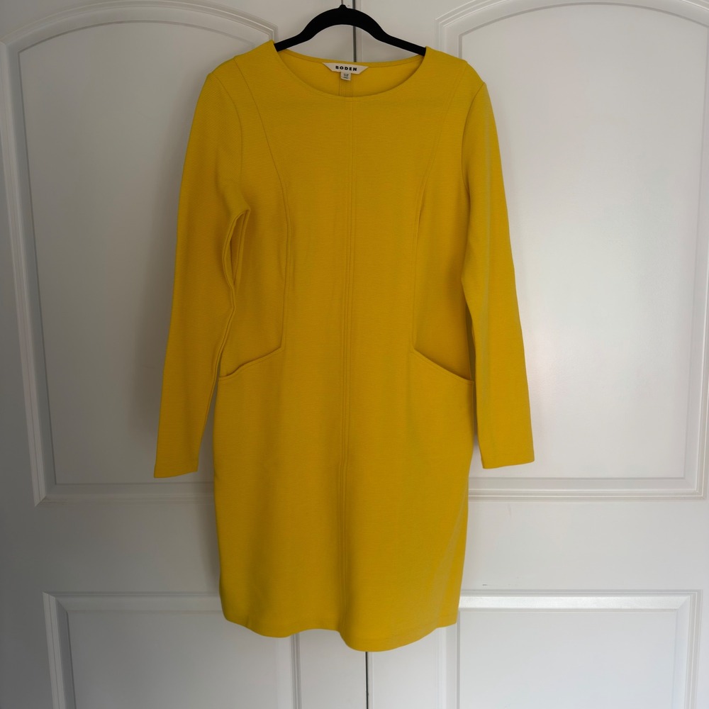 Boden Womens Yellow Ottoman Rib Knit Long Sleeve Shift Dress Pockets US 8R UK 12